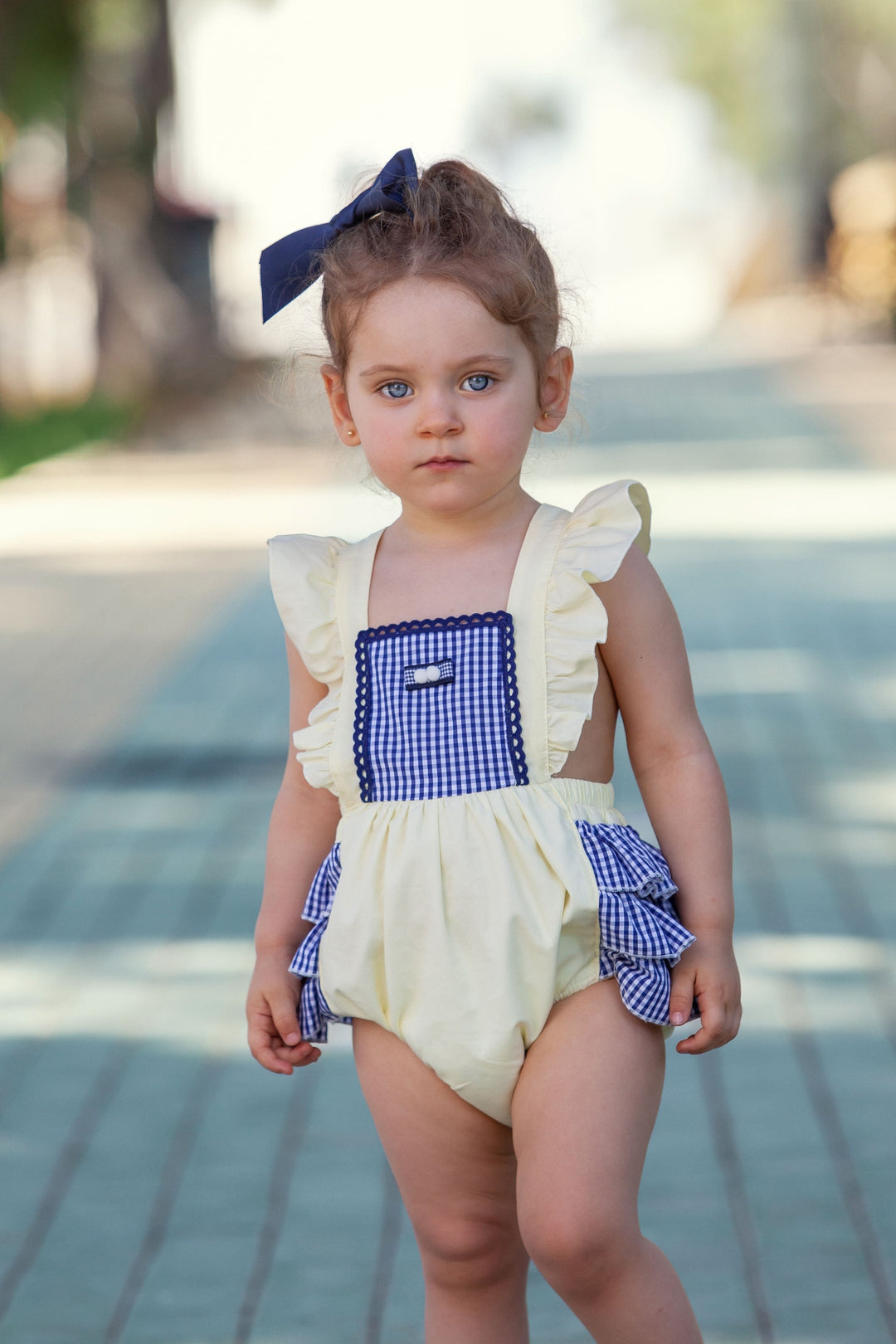 Abuela Tata Lemon/Navy/White Romper With Frilly Bum
