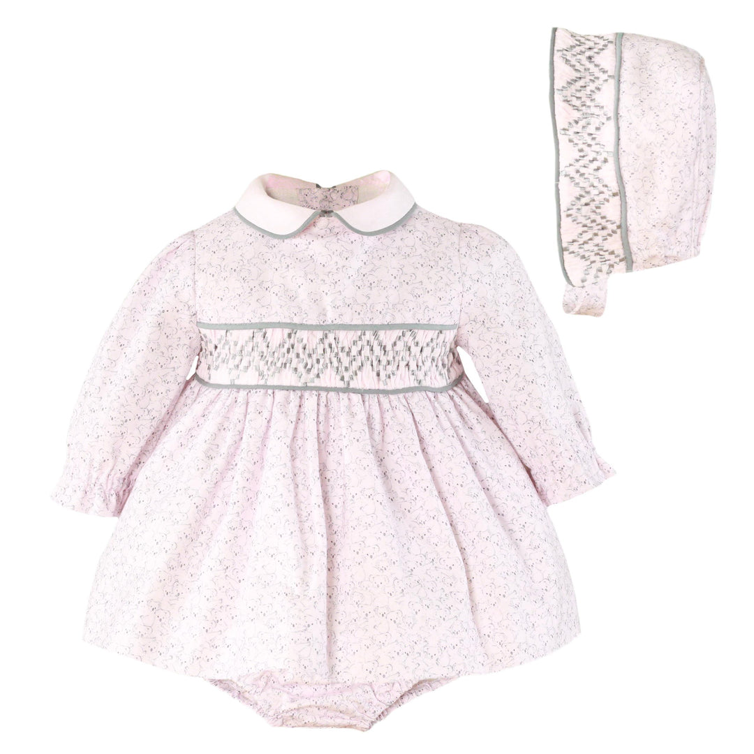 Miranda Girls Pink & Grey Smocked Dress, Pants & Bonnet Set With Cute Koala Print - 0040