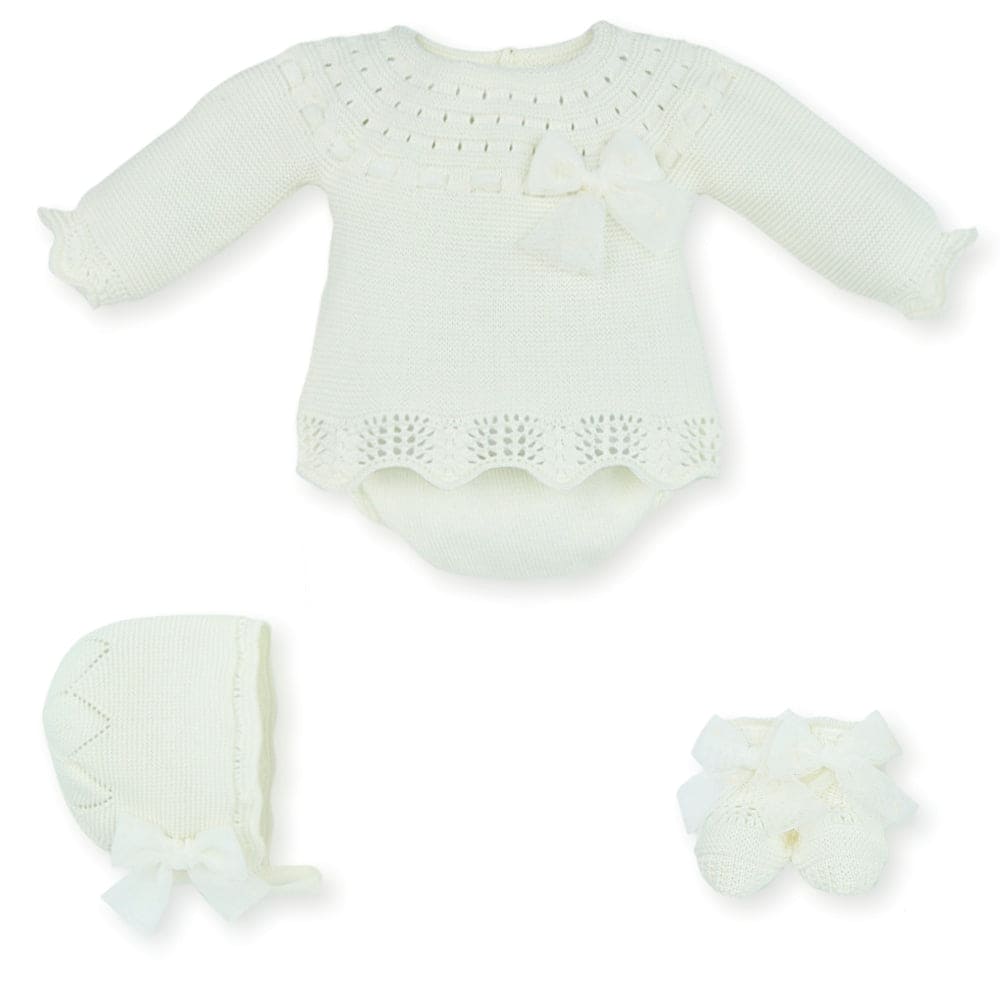 Mac Ilusion Ivory Four Piece Knitted Outfit With Tulle Bow - 8435 - Matching Blanket Available