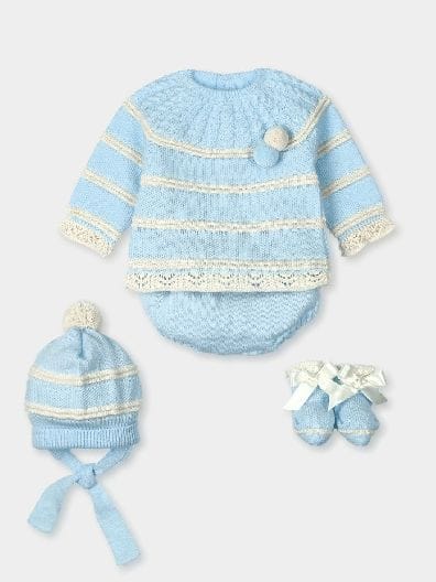 Mac ilusion Unisex Blue & Beige Pom Pom Four Piece Knitted Outfit - 8630 - Celeste