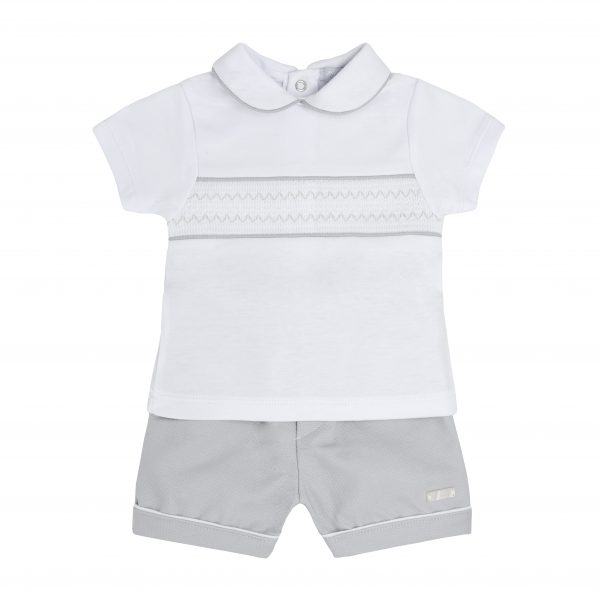 Blues Baby White & Grey Smocked Detail Shorts & T-Shirt Set - BB0313