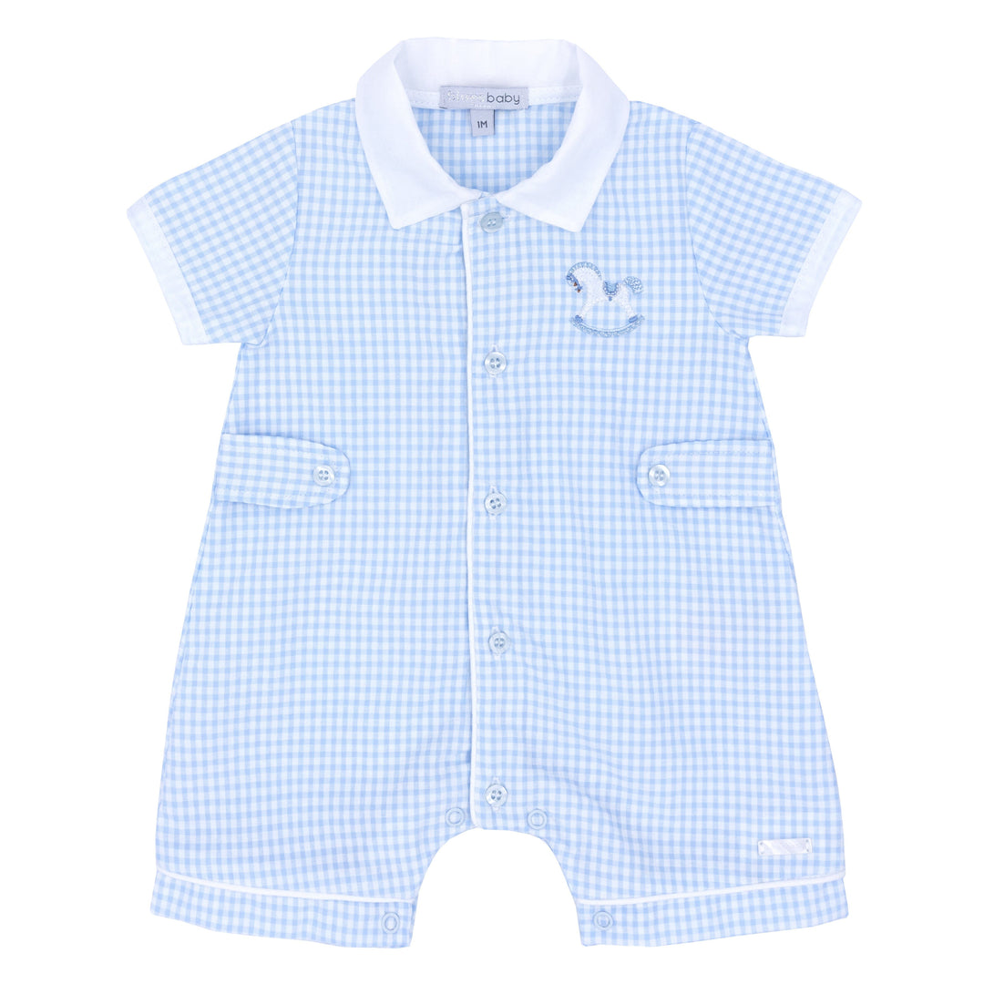 Blues Baby Boys Seersucker Romper With Peter Pan Collar & Rocking Horse Applique - BB1027