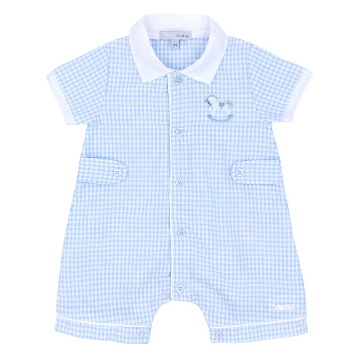 Blues Baby Boys Seersucker Romper With Peter Pan Collar & Rocking Horse Applique - BB1027
