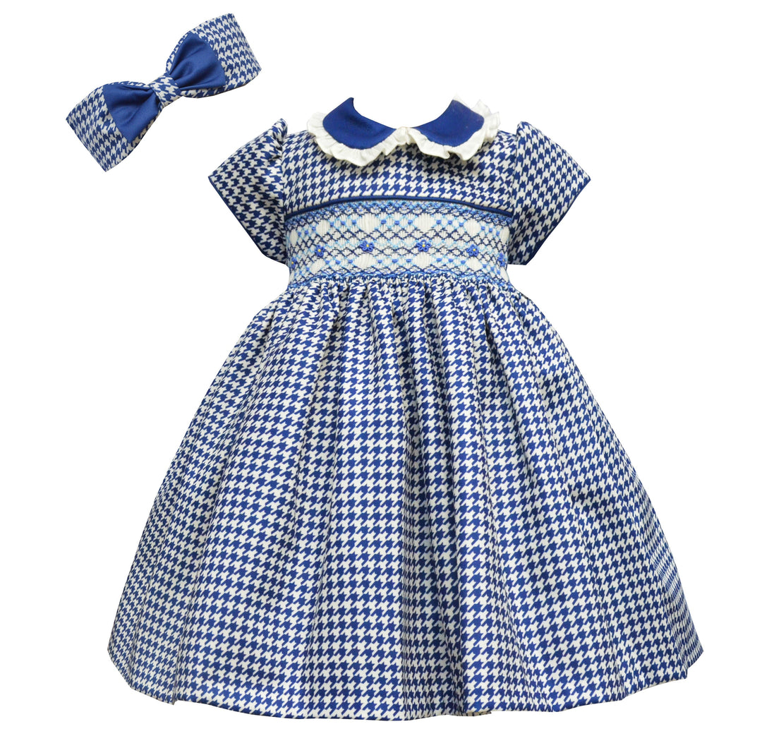 Pretty Originals *Navy Dog Tooth Hand Smocked Dress & Matching Headband - BD02127