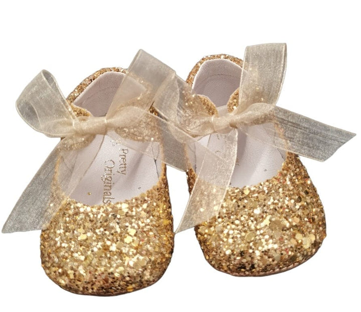 Pretty Originals Gold Gitter Leather Pram Shoes - UL2292