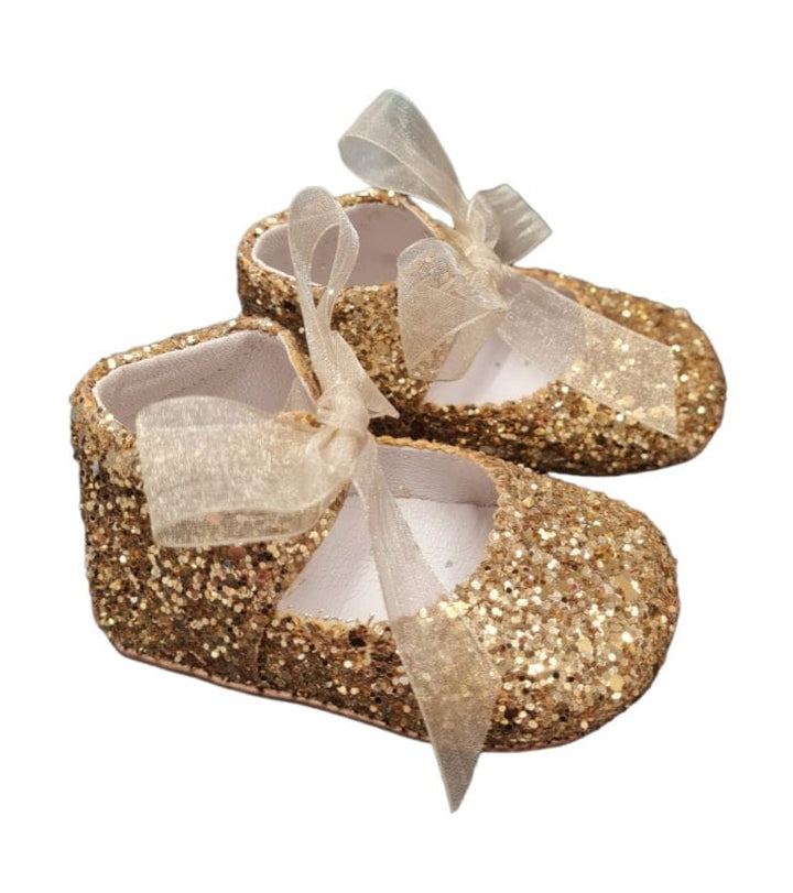 Pretty Originals Gold Gitter Leather Pram Shoes - UL2292