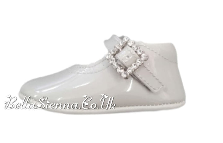 Pretty Originals Grey Patent Leather Pram Shoes With Diamate Buckle - UE02191A