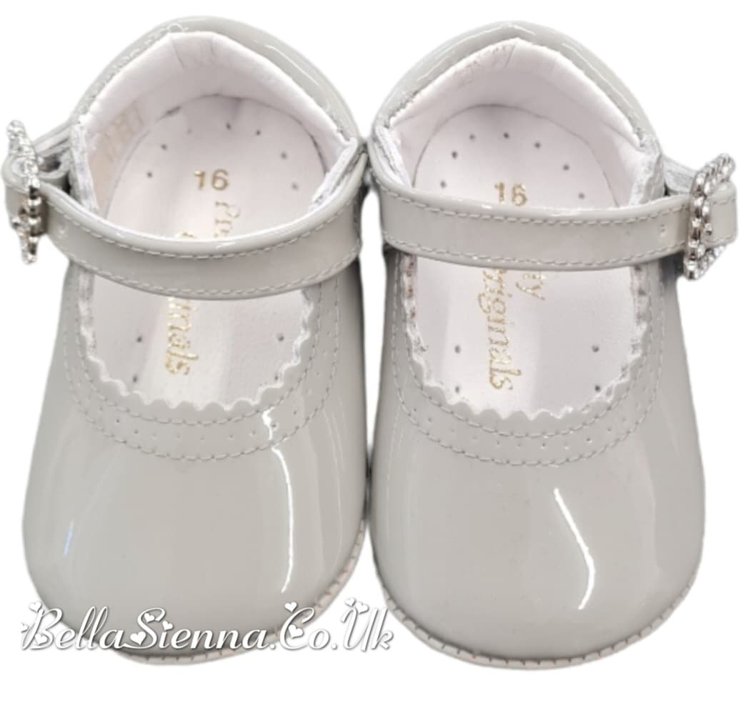 Pretty Originals Grey Patent Leather Pram Shoes With Diamate Buckle - UE02191A