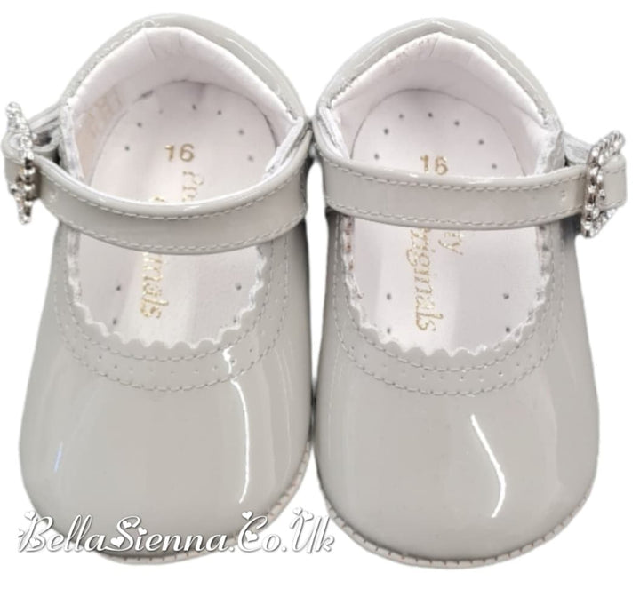Pretty Originals Grey Patent Leather Pram Shoes With Diamate Buckle - UE02191A