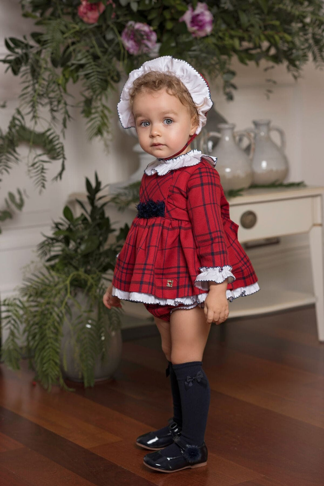 Dolce Petit 3 Piece Red, Navy & White Set 2121VGB - Dress, Pants & Bonnet