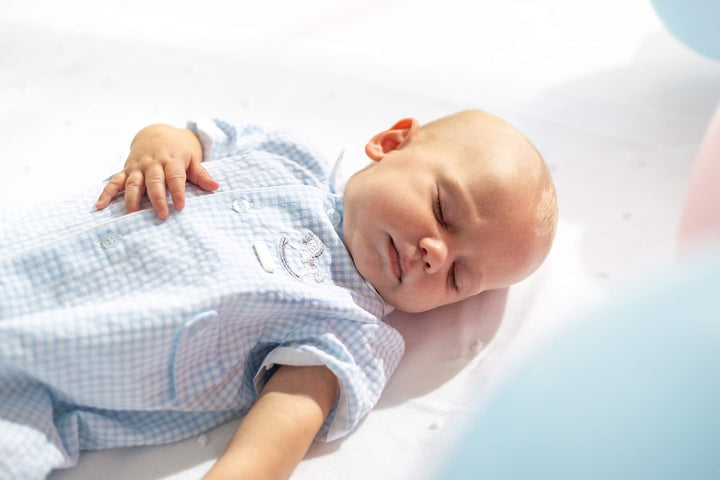 Blues Baby Boys Seersucker Romper With Peter Pan Collar & Rocking Horse Applique - BB1027