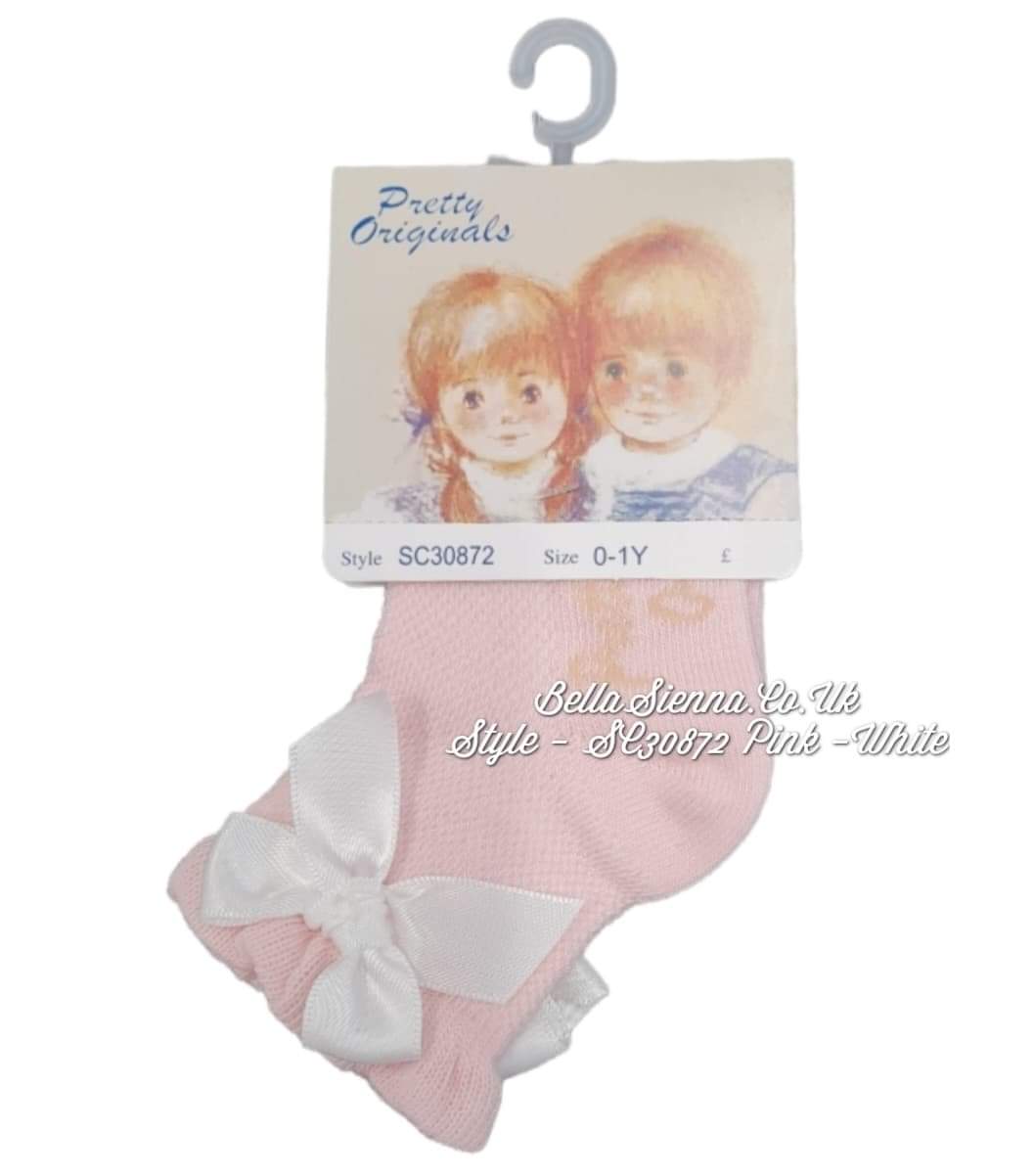 Pretty Originals Pink Ankle Socks With White Bows - SC30872