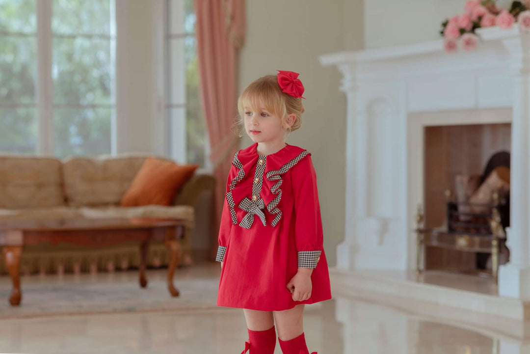 Miranda Red Dress With Black & White Check Detail - 0248