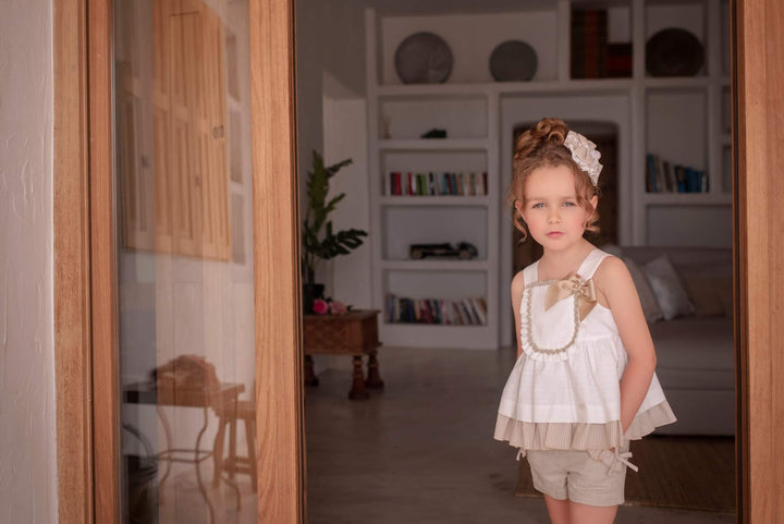 Miranda Shorts Set  - 0229 - White & Beige With Bow Detail