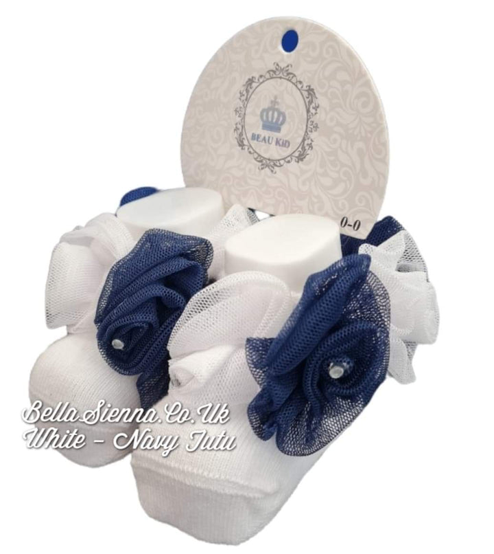 Beau Kid White & Navy Tutu Ankle Socks With Diamante