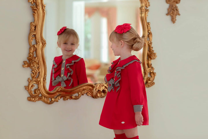 Miranda Red Dress With Black & White Check Detail - 0248