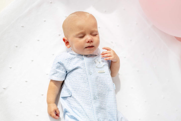 Blues Baby Boys Seersucker Romper With Peter Pan Collar & Rocking Horse Applique - BB1027