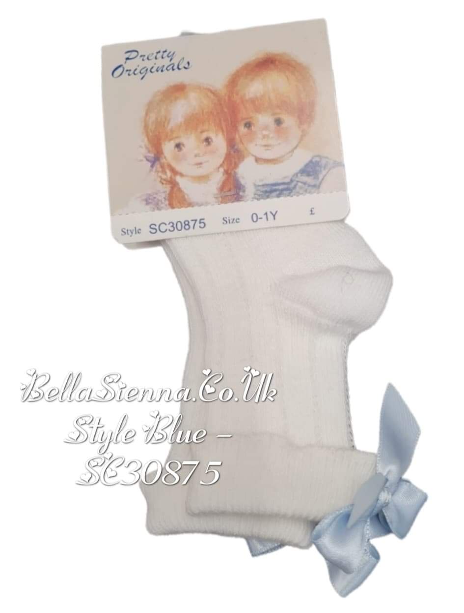 Pretty Originals White Ankle Socks With Blue Bows - SC30875