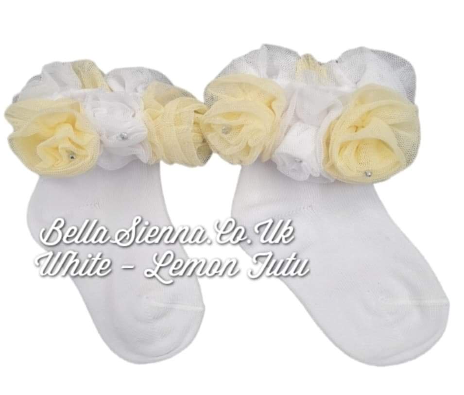 Beau Kid White & Lemon Tutu Ankle Socks With Diamante