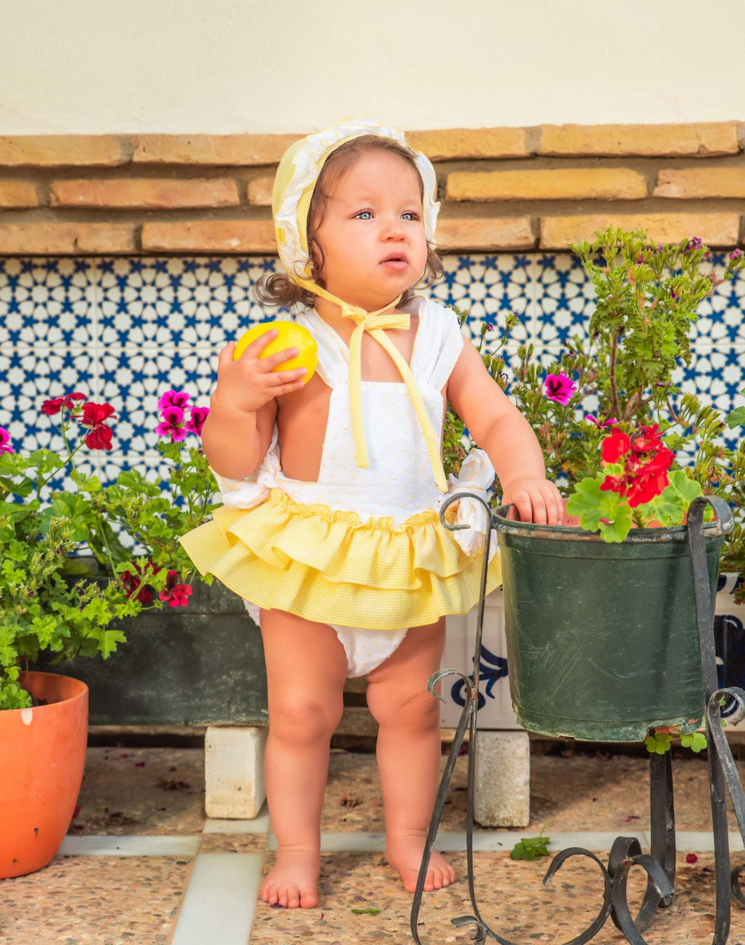 Babine White & Yellow/Lemon Romper & Matching Bonnet - 2322107