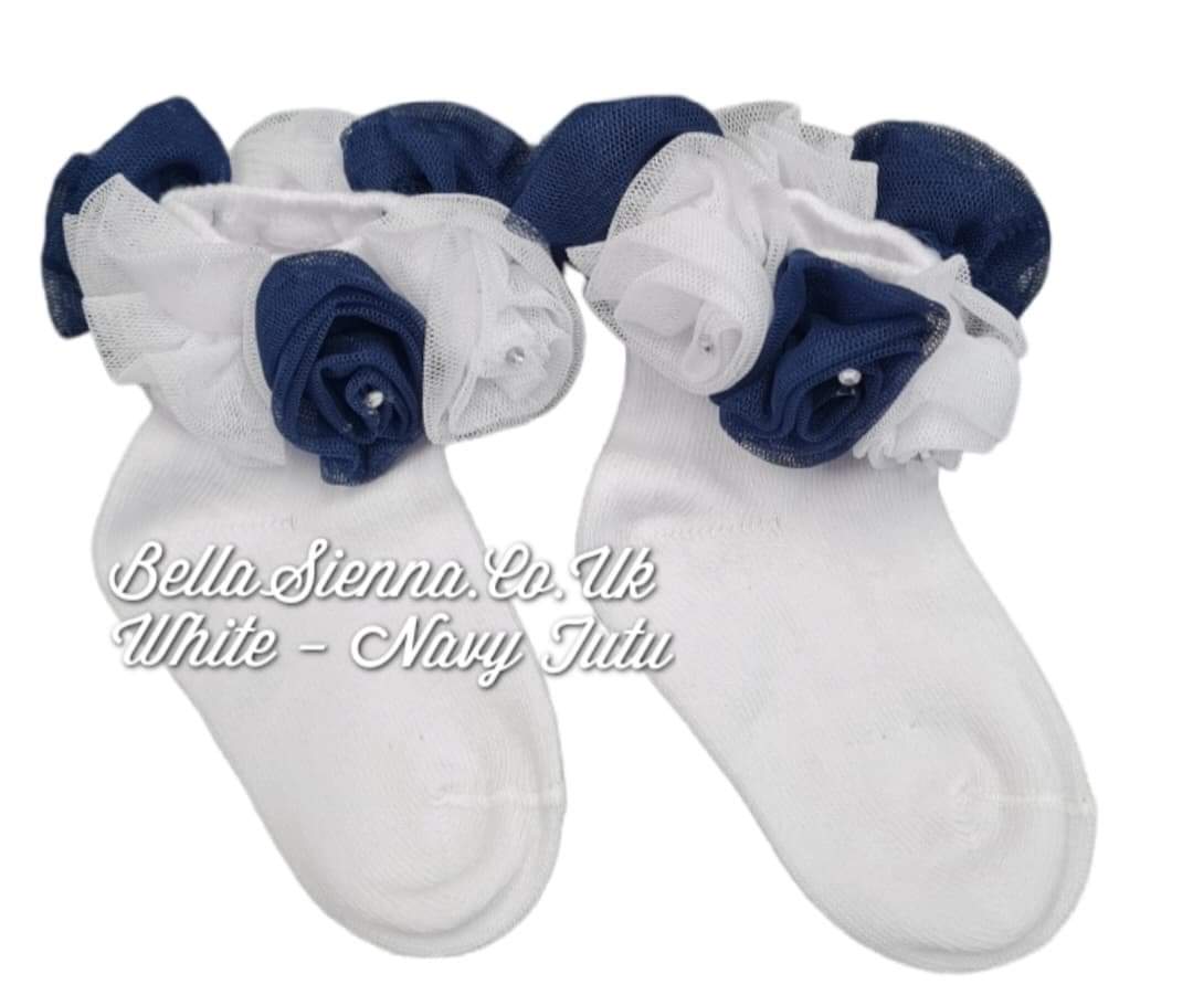 Beau Kid White & Navy Tutu Ankle Socks With Diamante
