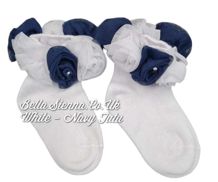 Beau Kid White & Navy Tutu Ankle Socks With Diamante
