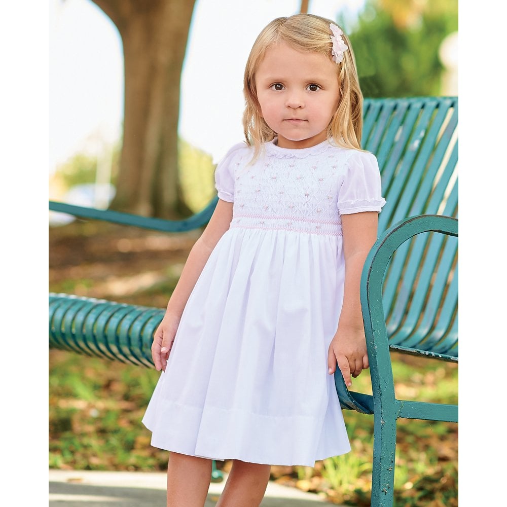 Sarah Louise White & Pink Smocked Dress - 012268