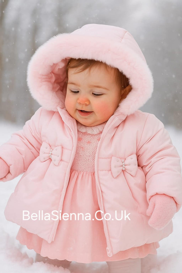 Mintini Pink Coat With Bows & Faux Fur Hood  - MB4459