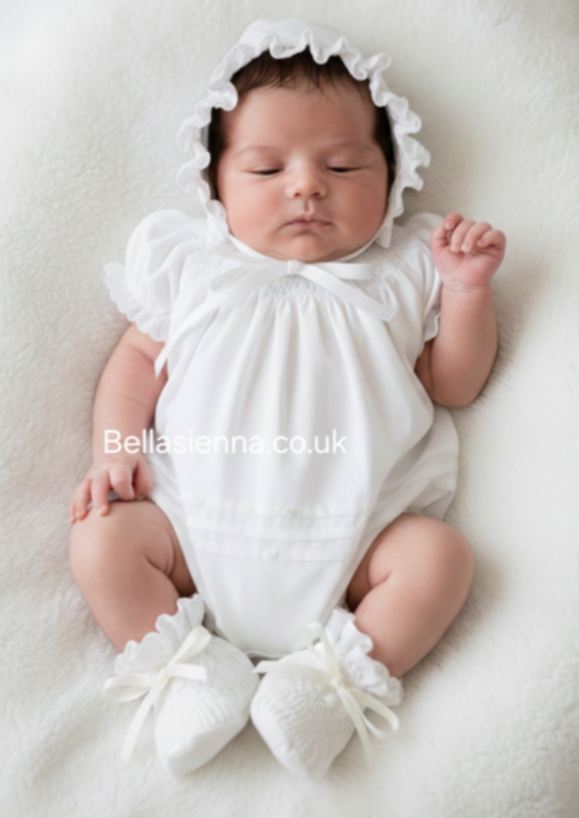 Sarah Lousie Ivory Hand Smocked Bubble Romper & Matching Bonnet - 001194