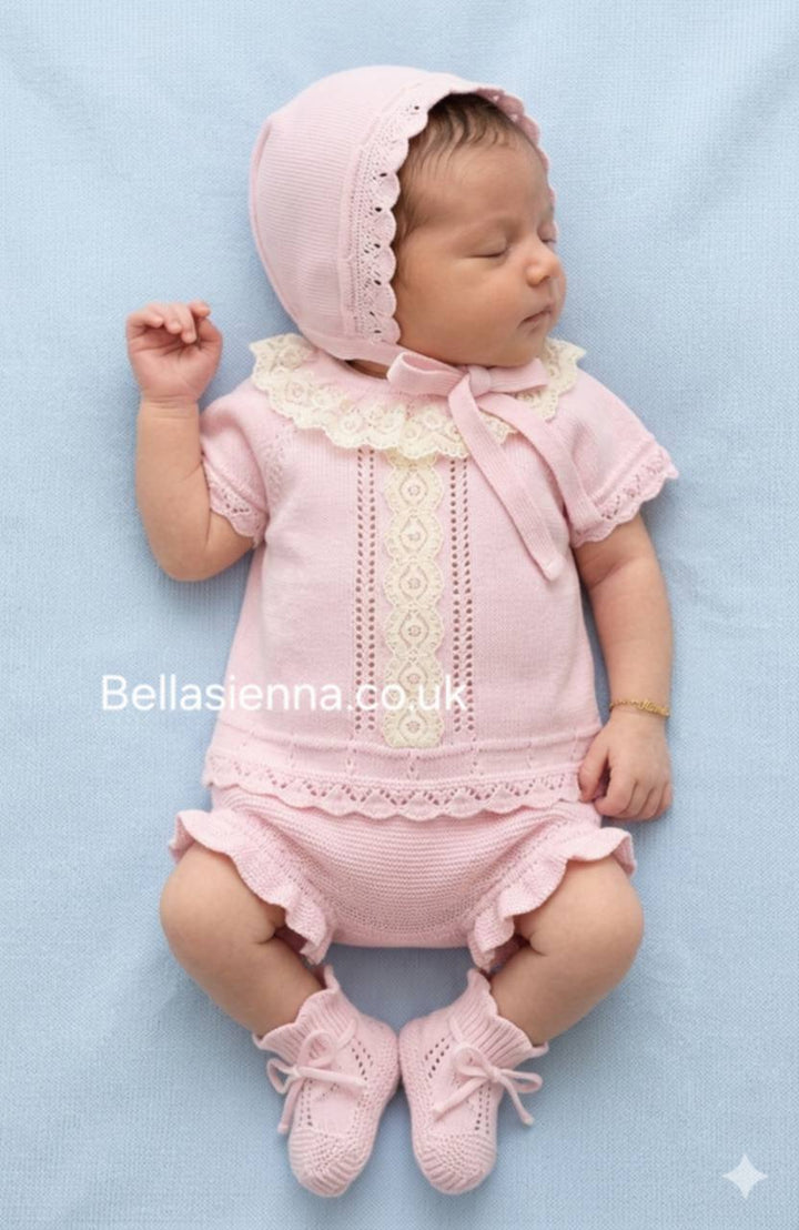 Mac ilusion Baby Girls Four Piece Pink & White Lace Knitted Set With Bonnet - 0025 - Rosa