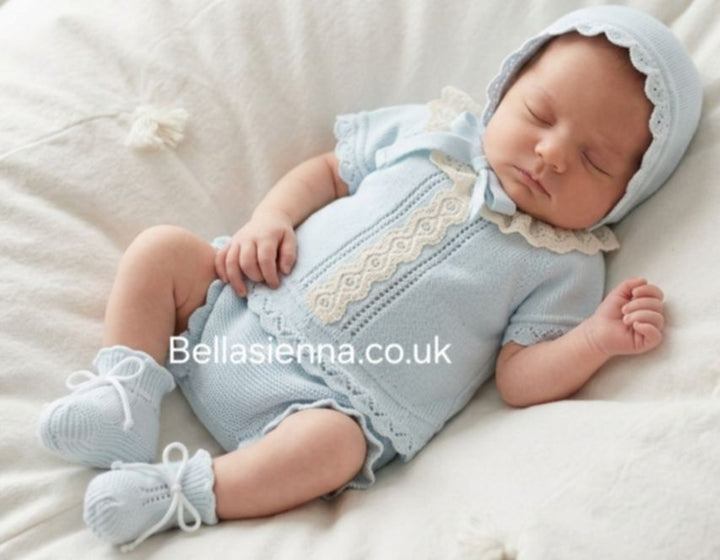 Mac ilusion Baby Girls Four Piece Blue  & White Lace Knitted Set With Bonnet - 0025 - Serenity Blue