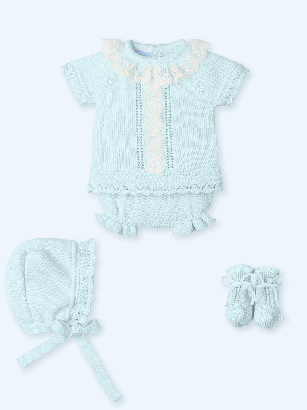 Mac ilusion Baby Girls Four Piece Blue  & White Lace Knitted Set With Bonnet - 0025 - Serenity Blue