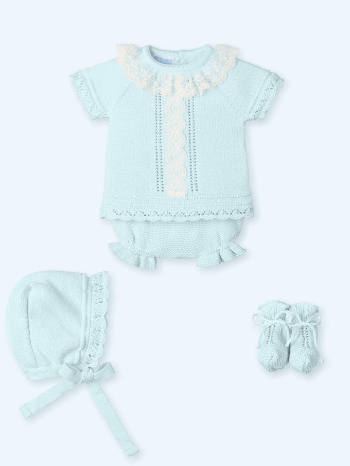 Mac ilusion Baby Girls Four Piece Blue  & White Lace Knitted Set With Bonnet - 0025 - Serenity Blue