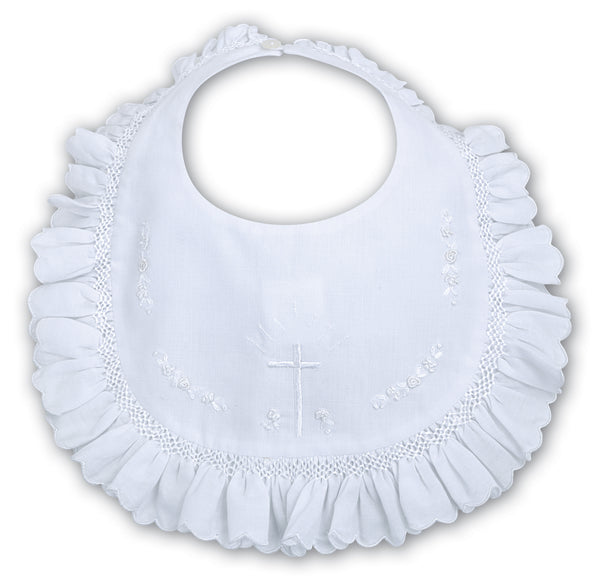 Sarah Louise White Hand Smocked Christening Bib With Embroidered Cross - 003310