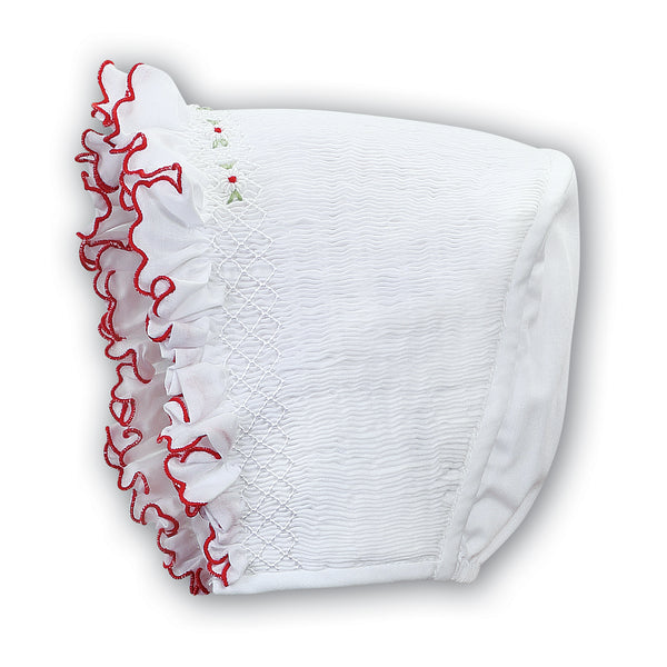 Sarah Louise White & Red Hand Smocked Bonnet - 003602P