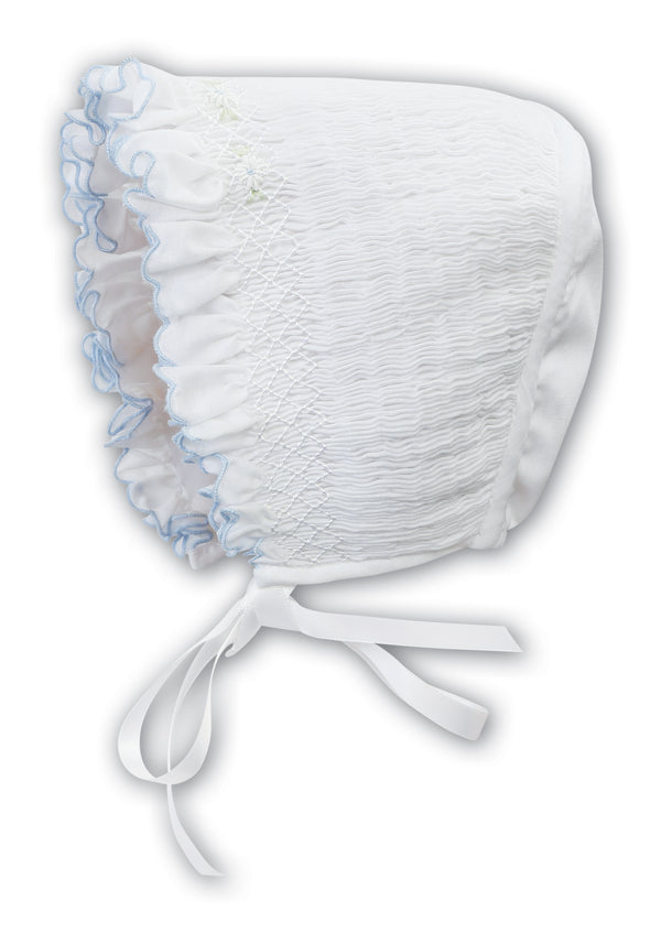 Sarah Louise White With Baby Blue Trim Smocked Bonnet - 003602