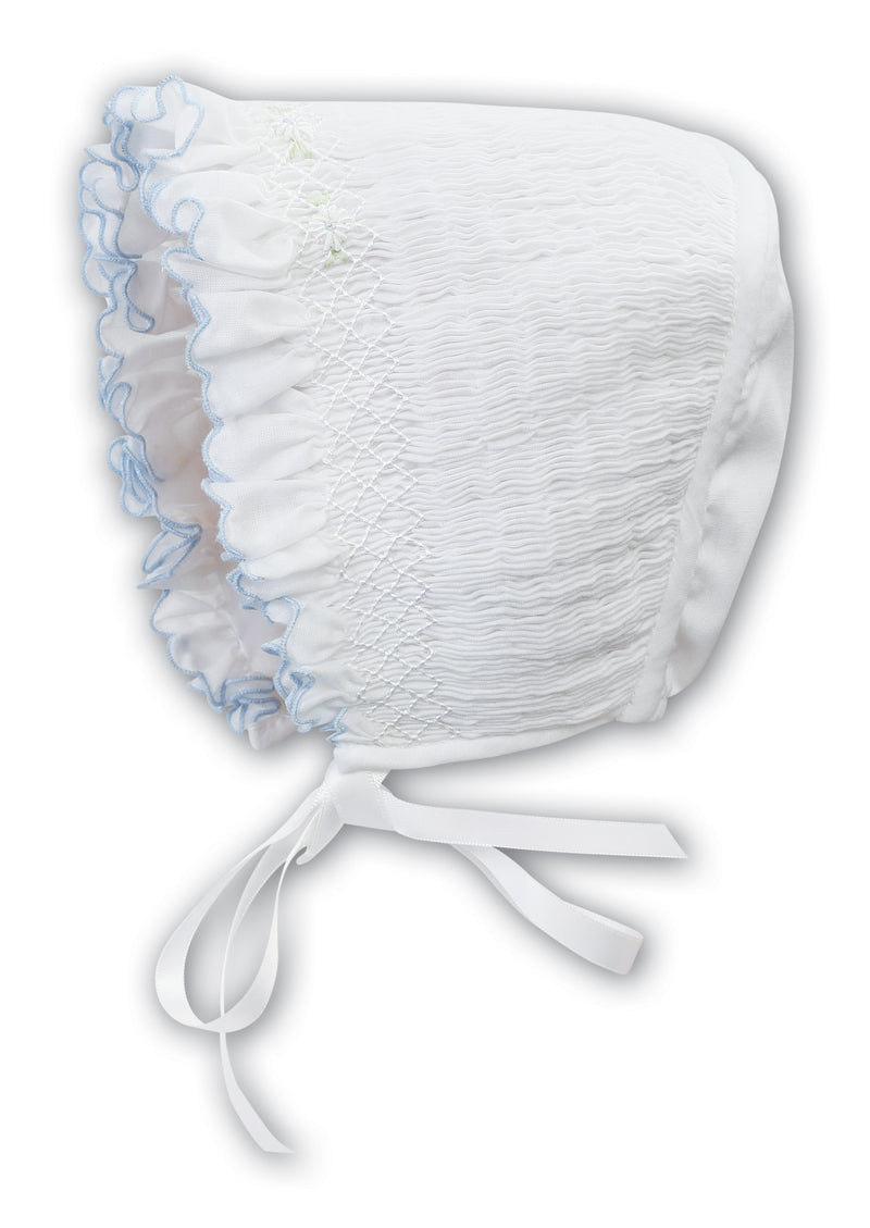 Sarah Louise White With Baby Blue Trim Smocked Bonnet - 003602
