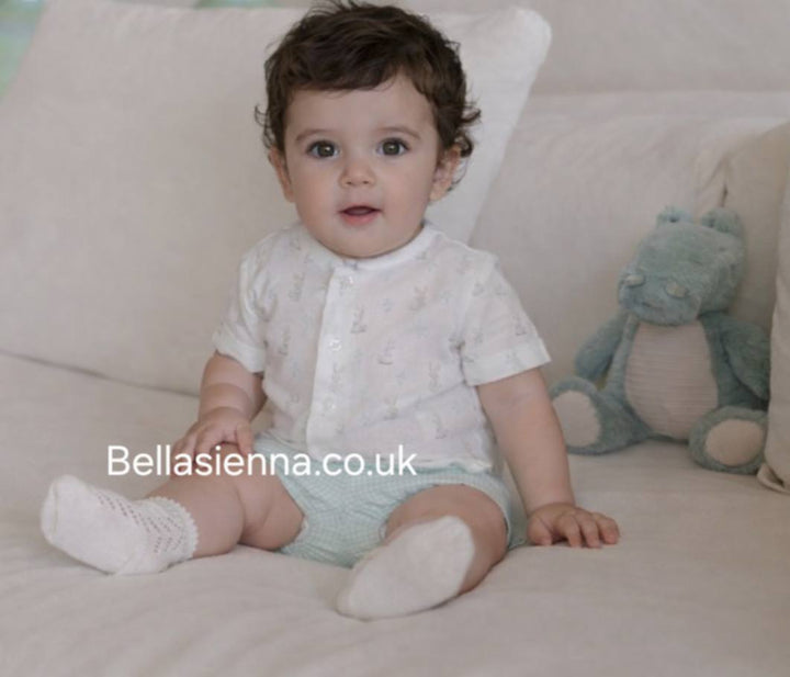 Miranda Baby Boys Ivory & Green Check Bunny Rabbit Print Shirt & Shorts Set - 0038/23