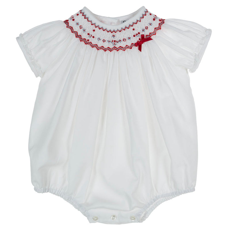 Sarah Louise Smocked White And Red Bubble-Romper 013024 C6004
