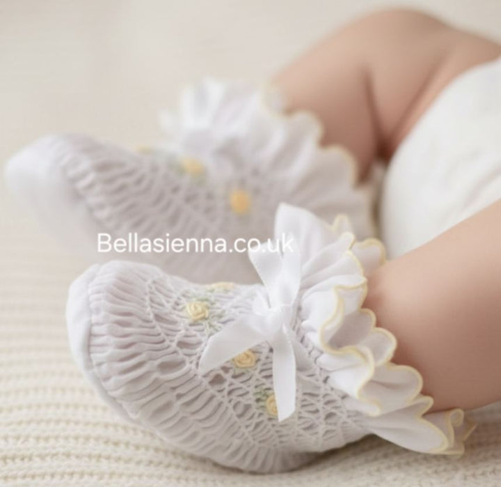 Sarah Louise White & Lemon Smocked Booties - 004407