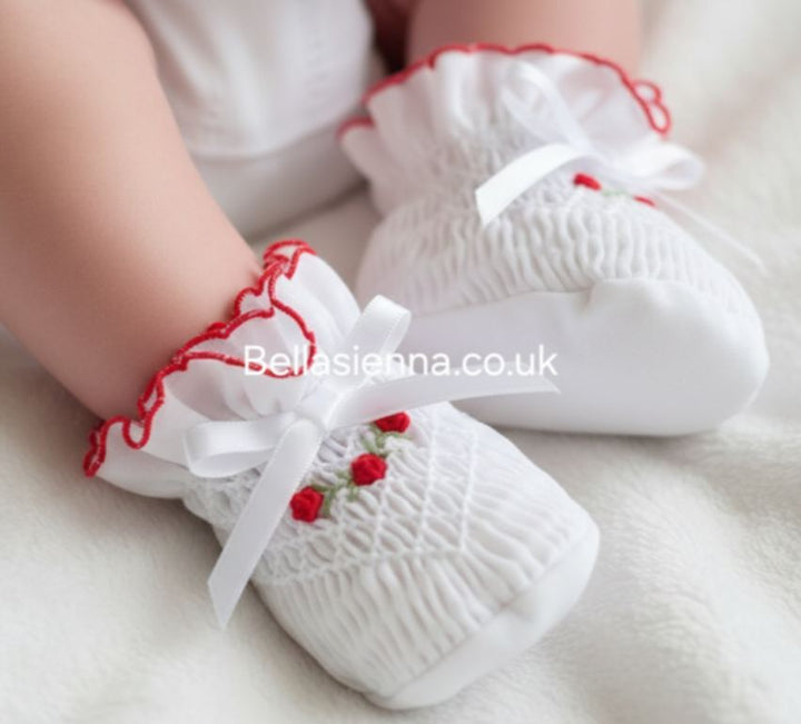 Sarah Louise White & Red Hand Smocked & Embroidered Baby Booties - 004407