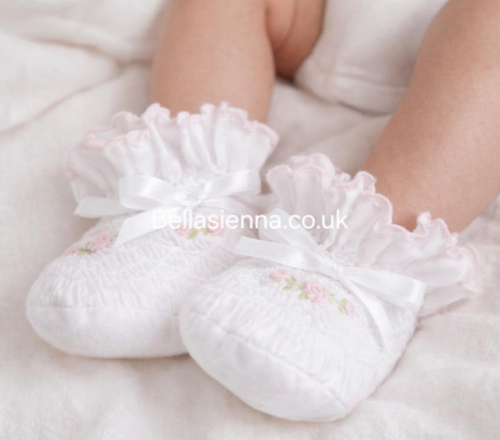 Sarah Louise White/Pink Smocked Baby Booties