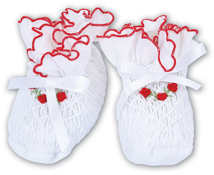 Sarah Louise White & Red Hand Smocked & Embroidered Baby Booties - 004407