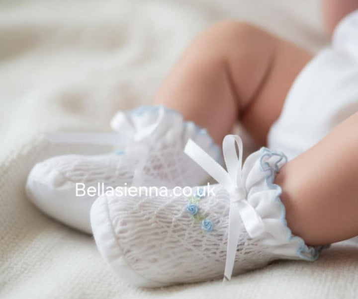 Sarah Louise White & Blue Smocked Booties - 004407