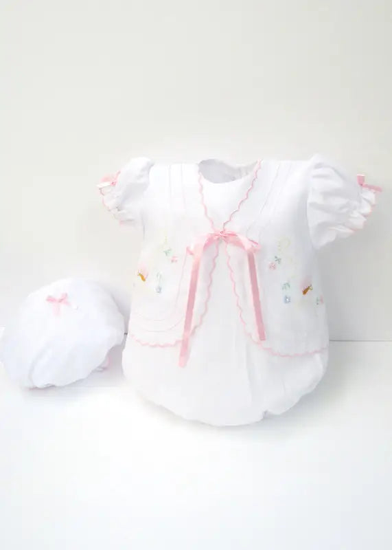 Will'beth Beautiful White & Pink Bubble Romper & Matching Hat - 00615