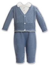 Sarah Louise Boys All In One Knitted Romper - 008216 - Ivory/Slate Blue