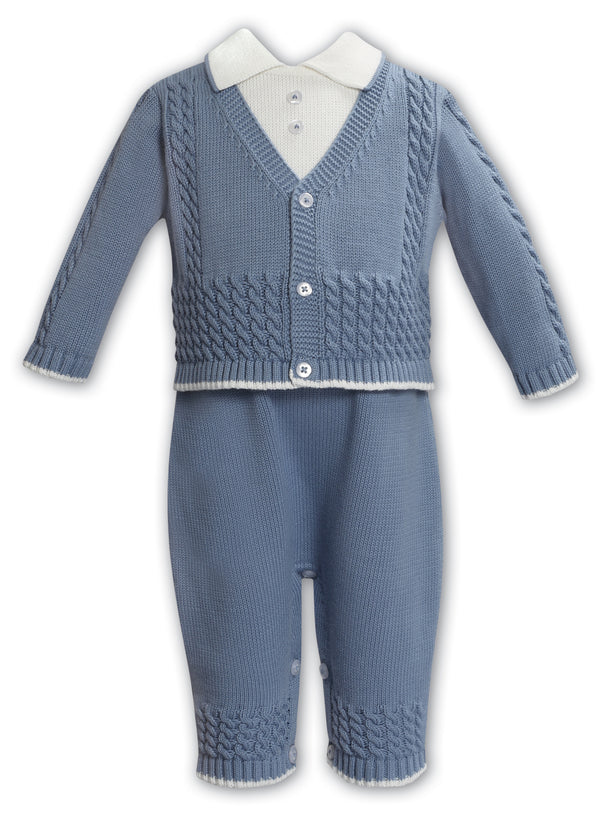 Sarah Louise Boys All In One Knitted Romper - 008216 - Ivory/Slate Blue
