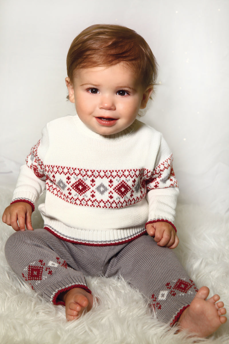 Sarah Louise Boys Two Piece Kintted Jumper & Joggers Set - 008221 - Ivory/Slate/Beige