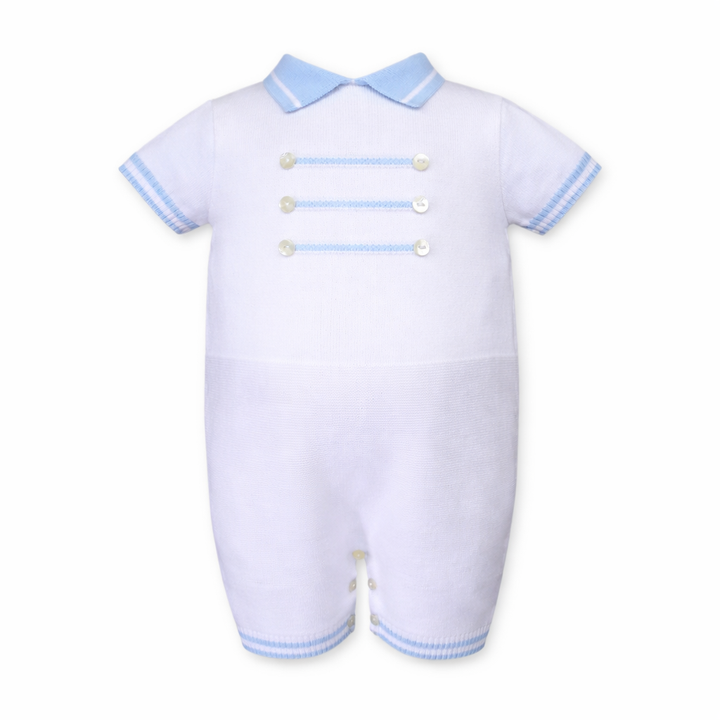 Sarah Louise Baby Boys White & Blue Fine Knit Romper - 008245