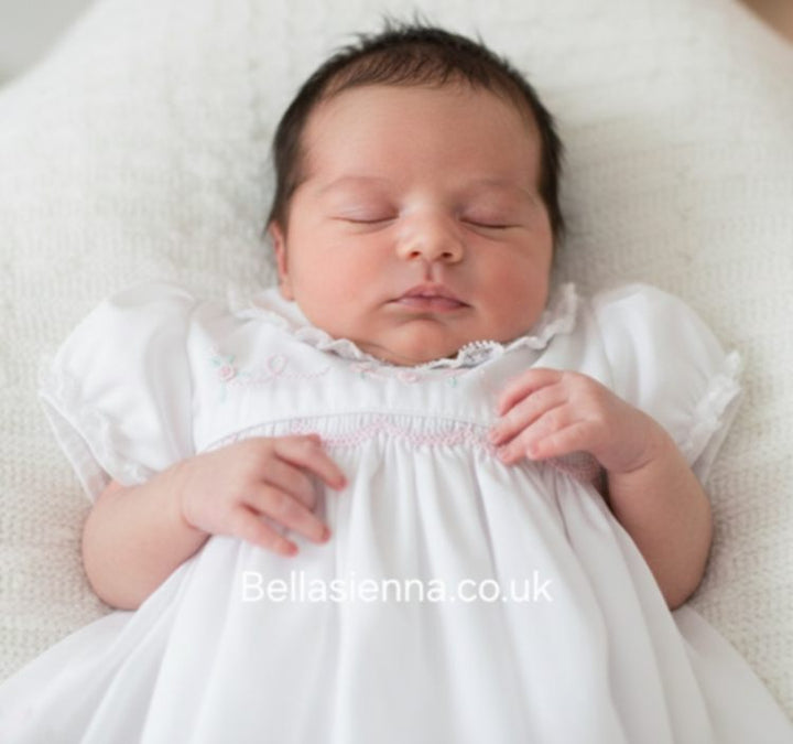 Sarah Louise White Smocked Dress With Lace trim Collar And Sleeves - 011452